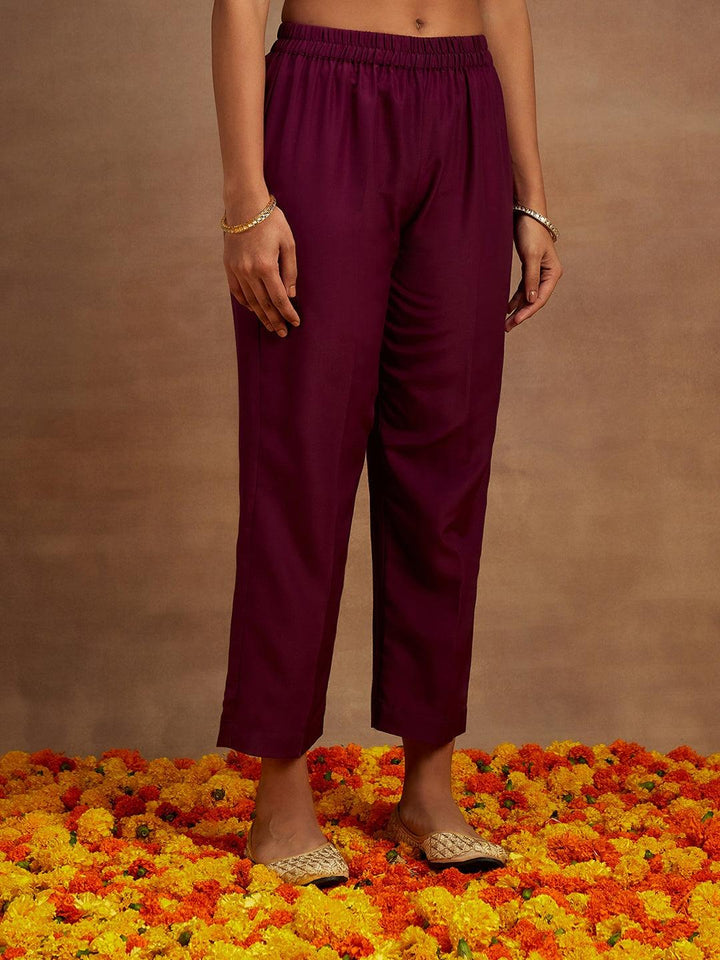 Burgundy Embroidered Silk Blend Straight Suit With Dupatta