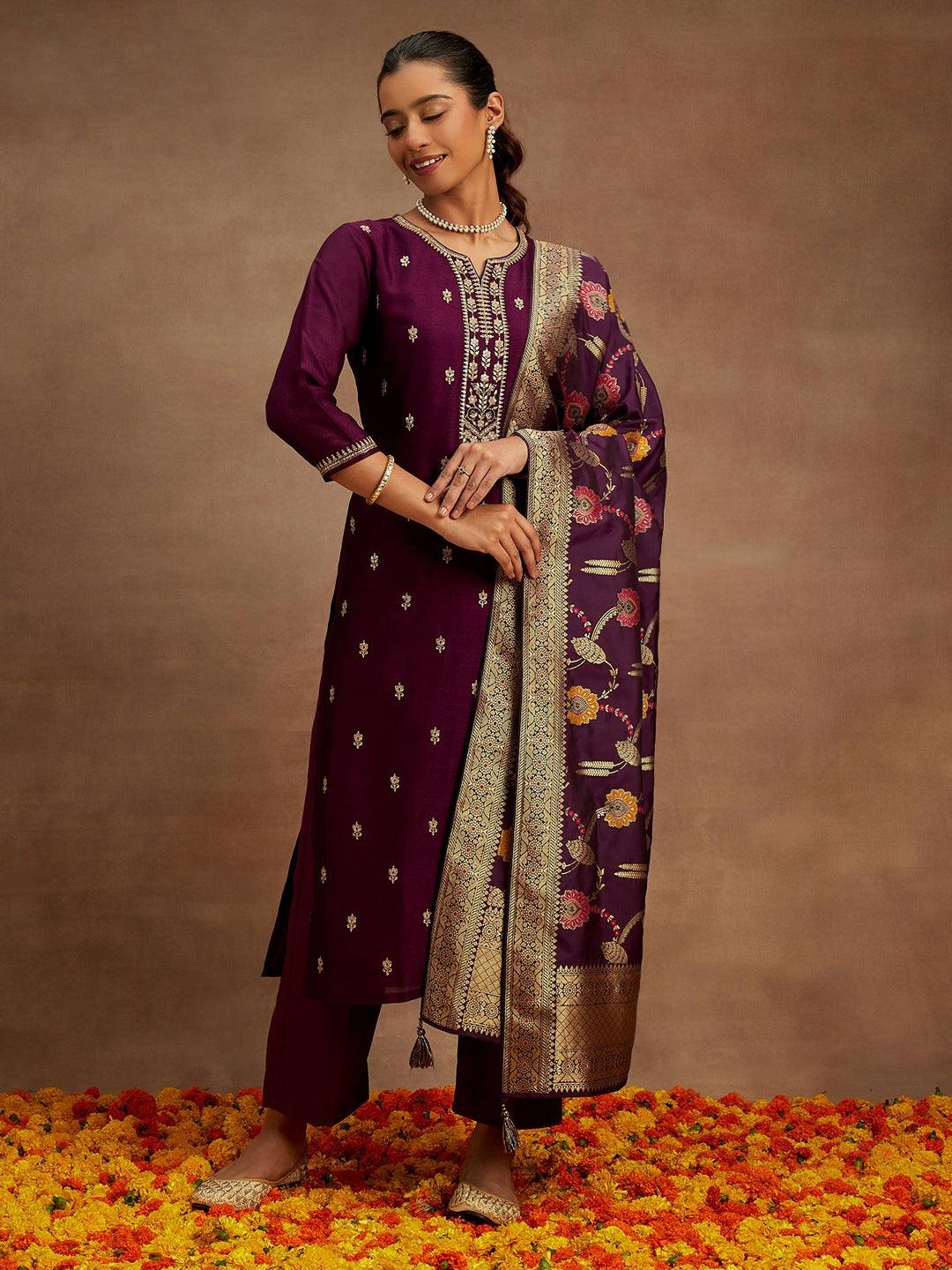 Burgundy Embroidered Silk Blend Straight Kurta With Trousers & Dupatta - ShopLibas 