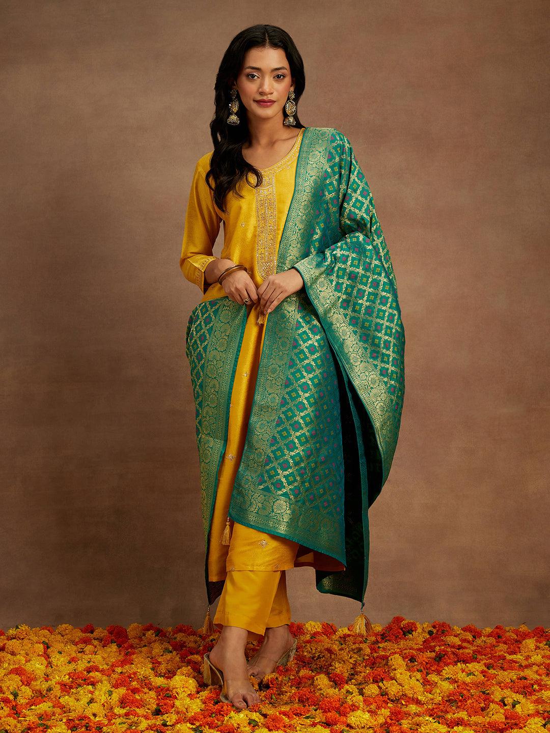 Yellow Embroidered Silk Blend Straight Kurta With Trousers & Dupatta - ShopLibas 