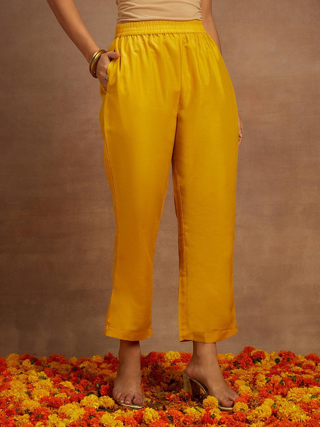 Yellow Embroidered Silk Blend Straight Kurta With Trousers & Dupatta - ShopLibas 