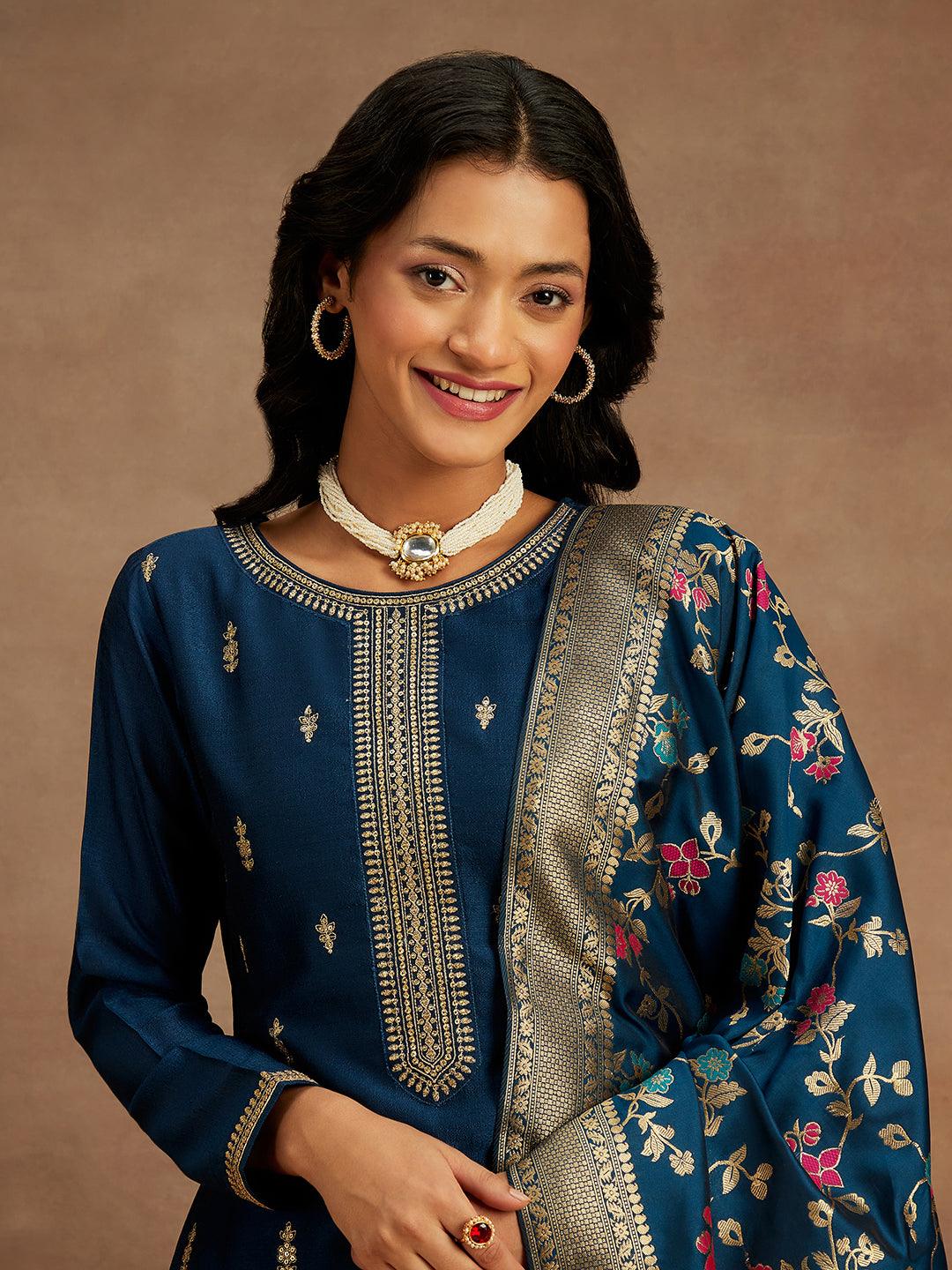 Teal Blue Embroidered Silk Blend Straight Kurta With Trousers & Dupatta - ShopLibas 