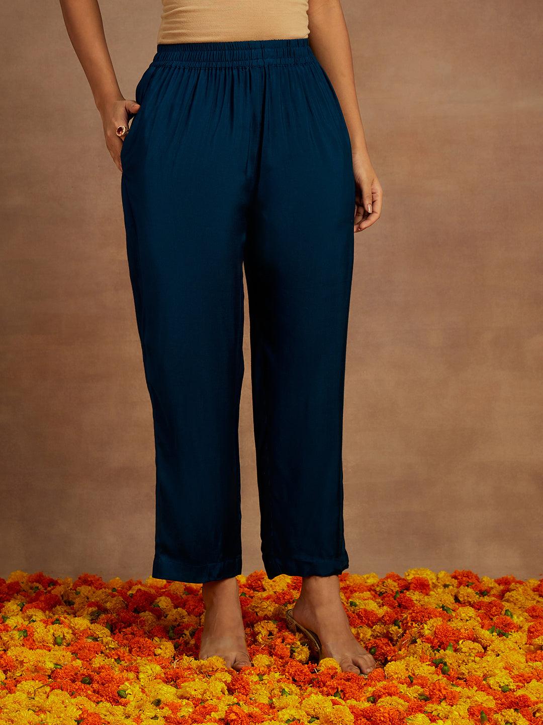 Teal Blue Embroidered Silk Blend Straight Kurta With Trousers & Dupatta - ShopLibas 