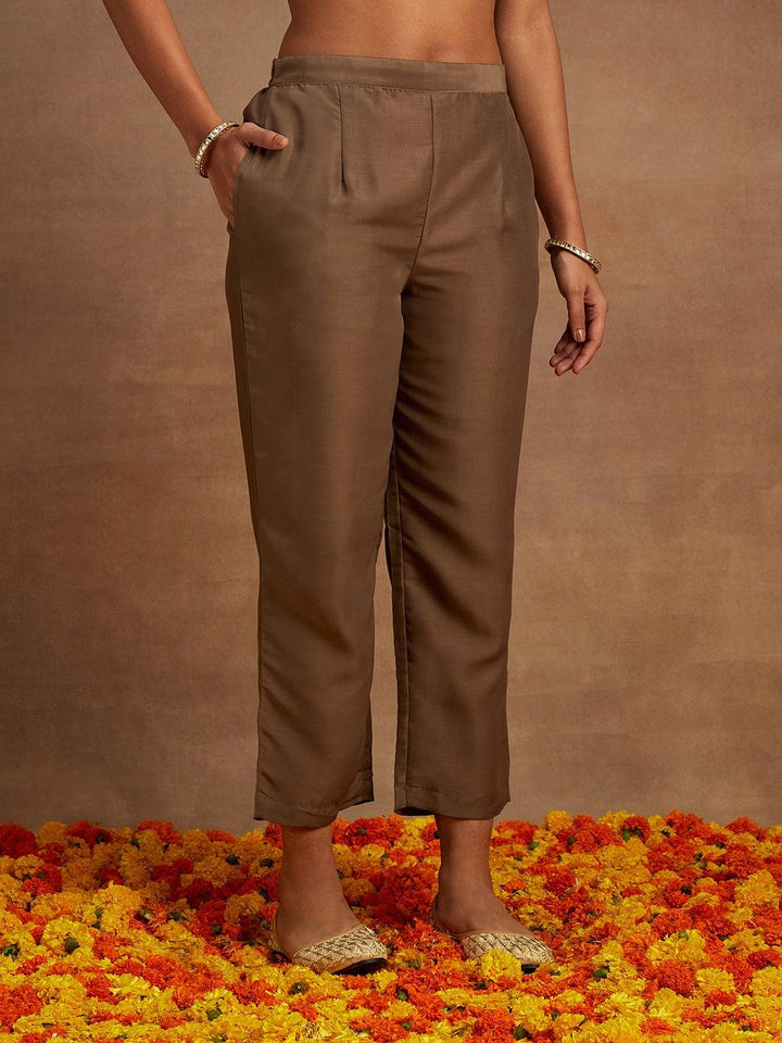 Brown Embroidered Silk Straight Kurta With Trousers & Dupatta - ShopLibas