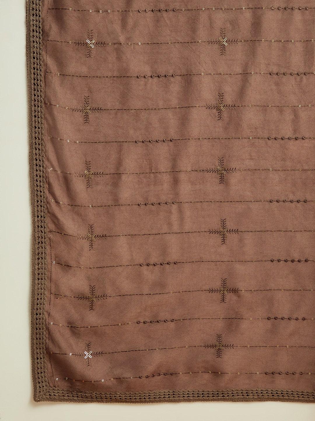Brown Embroidered Silk Straight Kurta With Trousers & Dupatta - ShopLibas