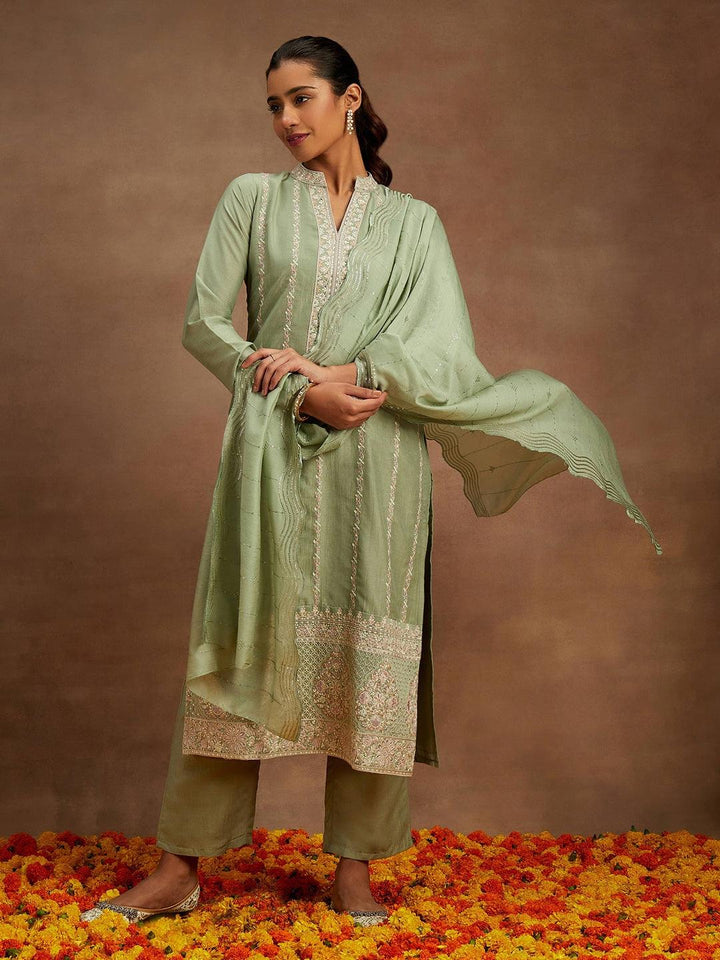 Green Embroidered Silk Straight Kurta With Trousers & Dupatta - ShopLibas
