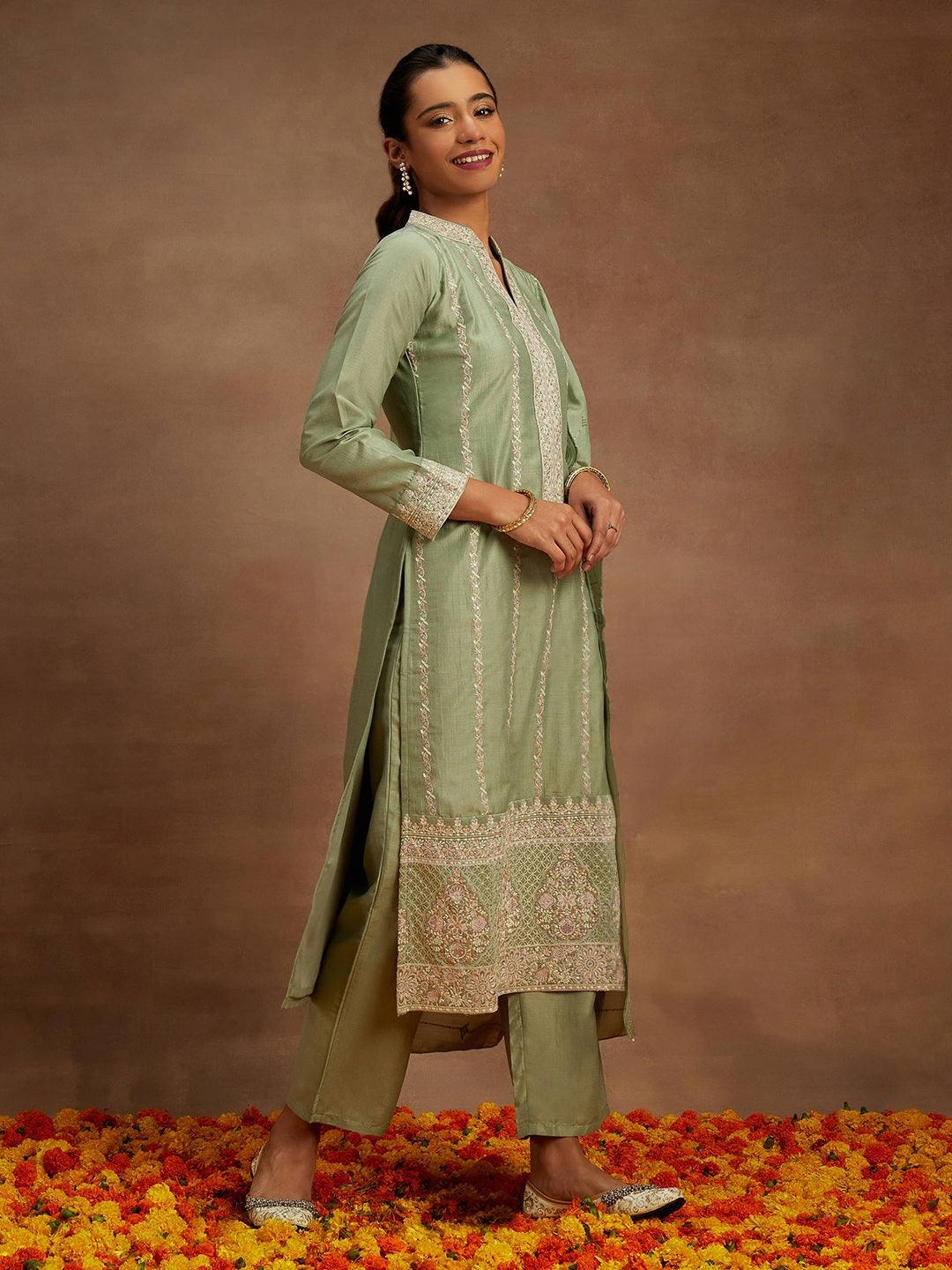 Green Embroidered Silk Straight Kurta With Trousers & Dupatta - ShopLibas