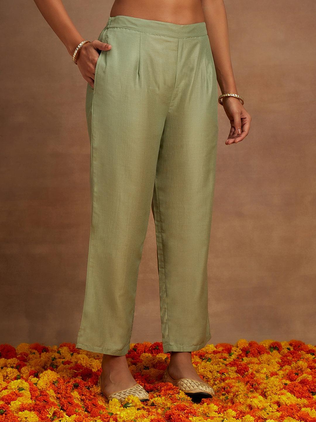 Green Embroidered Silk Straight Kurta With Trousers & Dupatta - ShopLibas