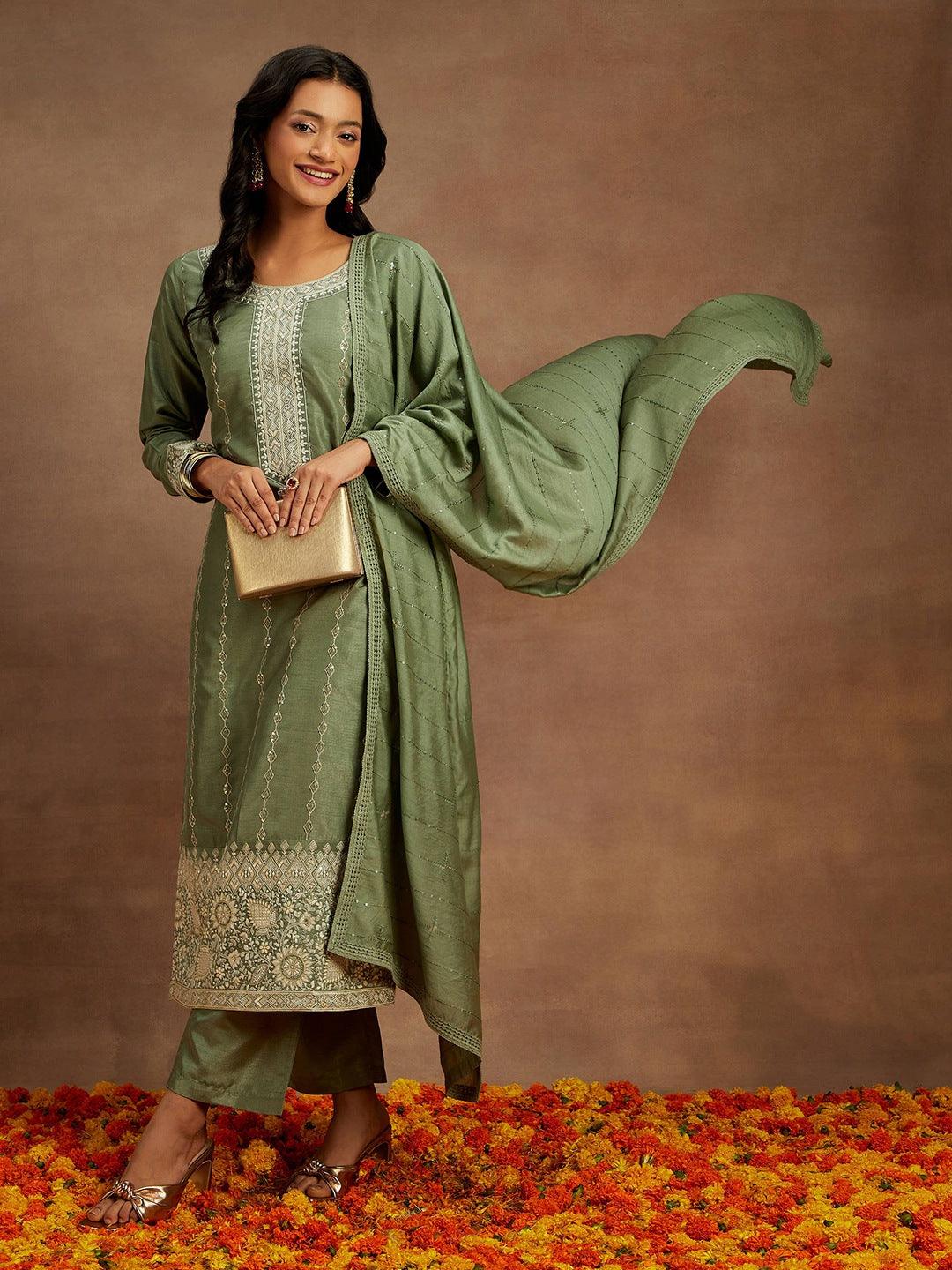 Sage Green Embroidered Silk Straight Kurta With Trousers & Dupatta - ShopLibas 