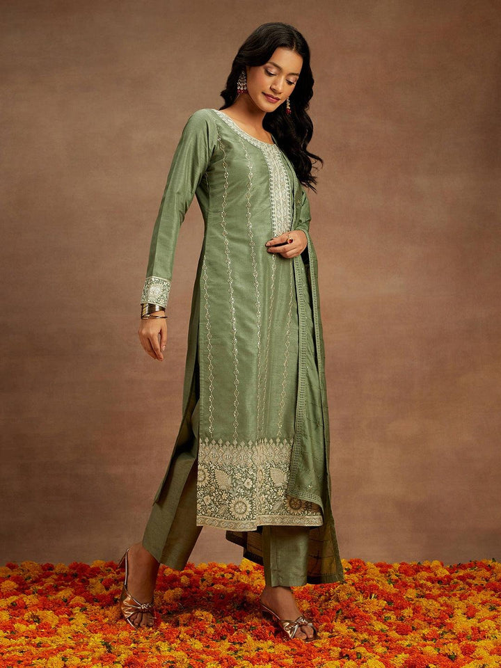 Green Embroidered Silk Straight Suit With Dupatta