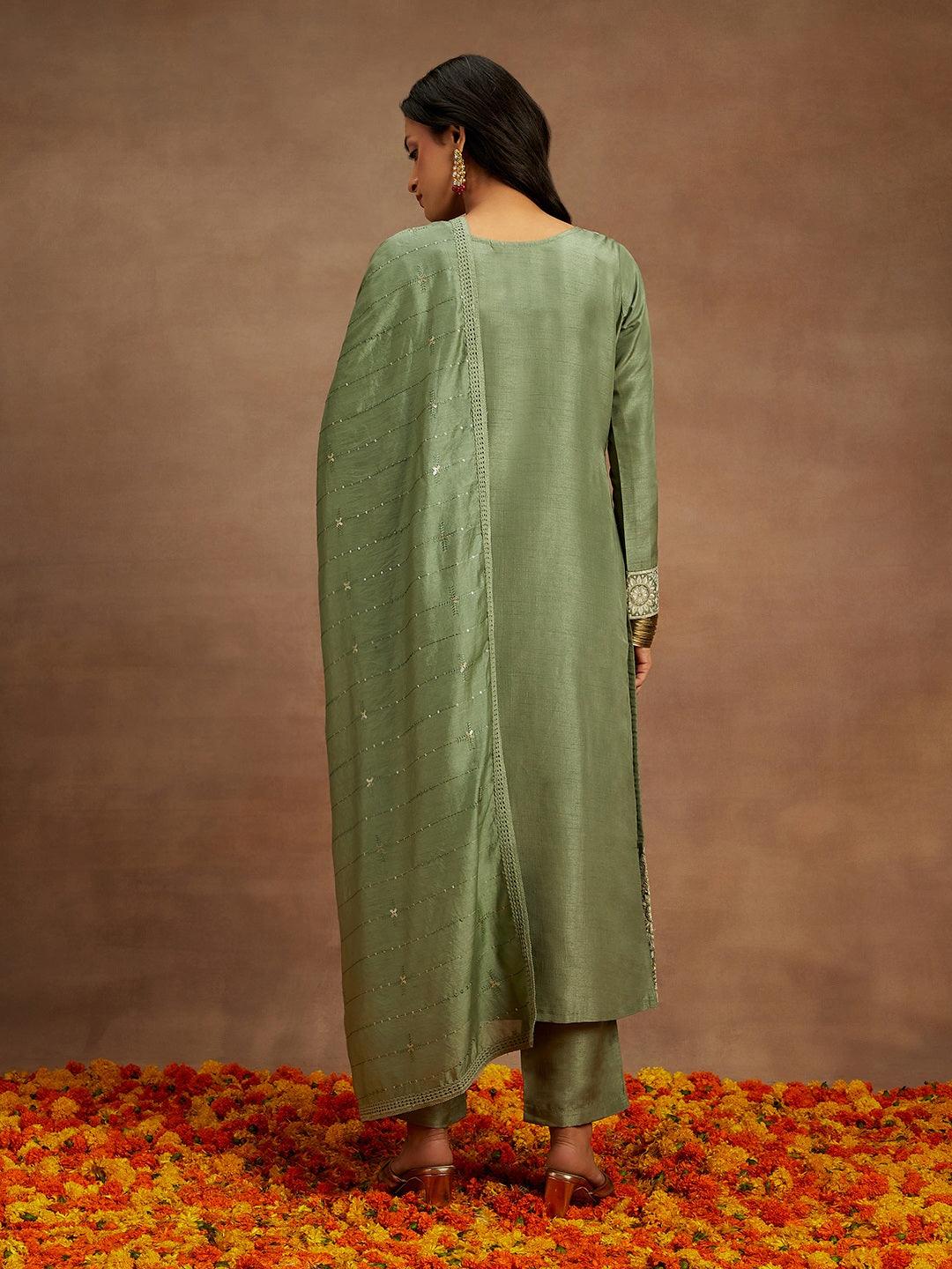 Sage Green Embroidered Silk Straight Kurta With Trousers & Dupatta - ShopLibas 