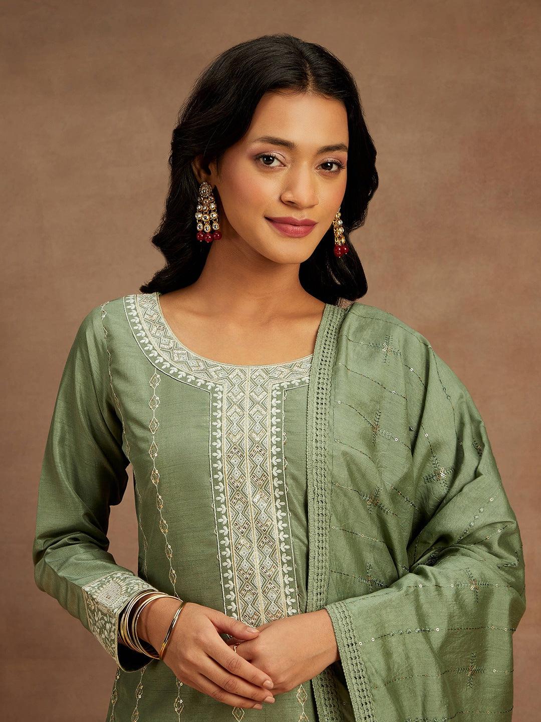 Sage Green Embroidered Silk Straight Kurta With Trousers & Dupatta - ShopLibas 