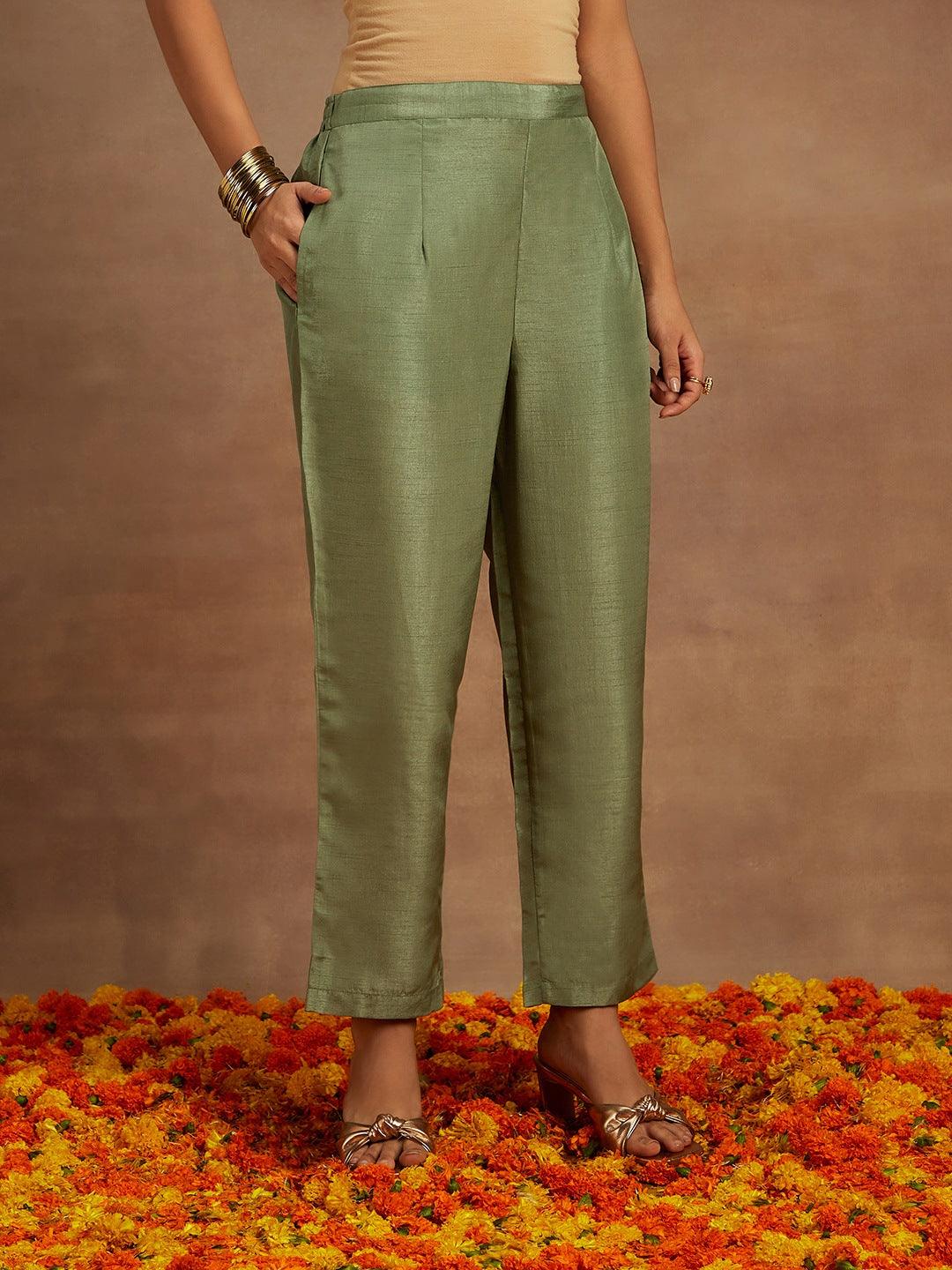 Sage Green Embroidered Silk Straight Kurta With Trousers & Dupatta - ShopLibas 