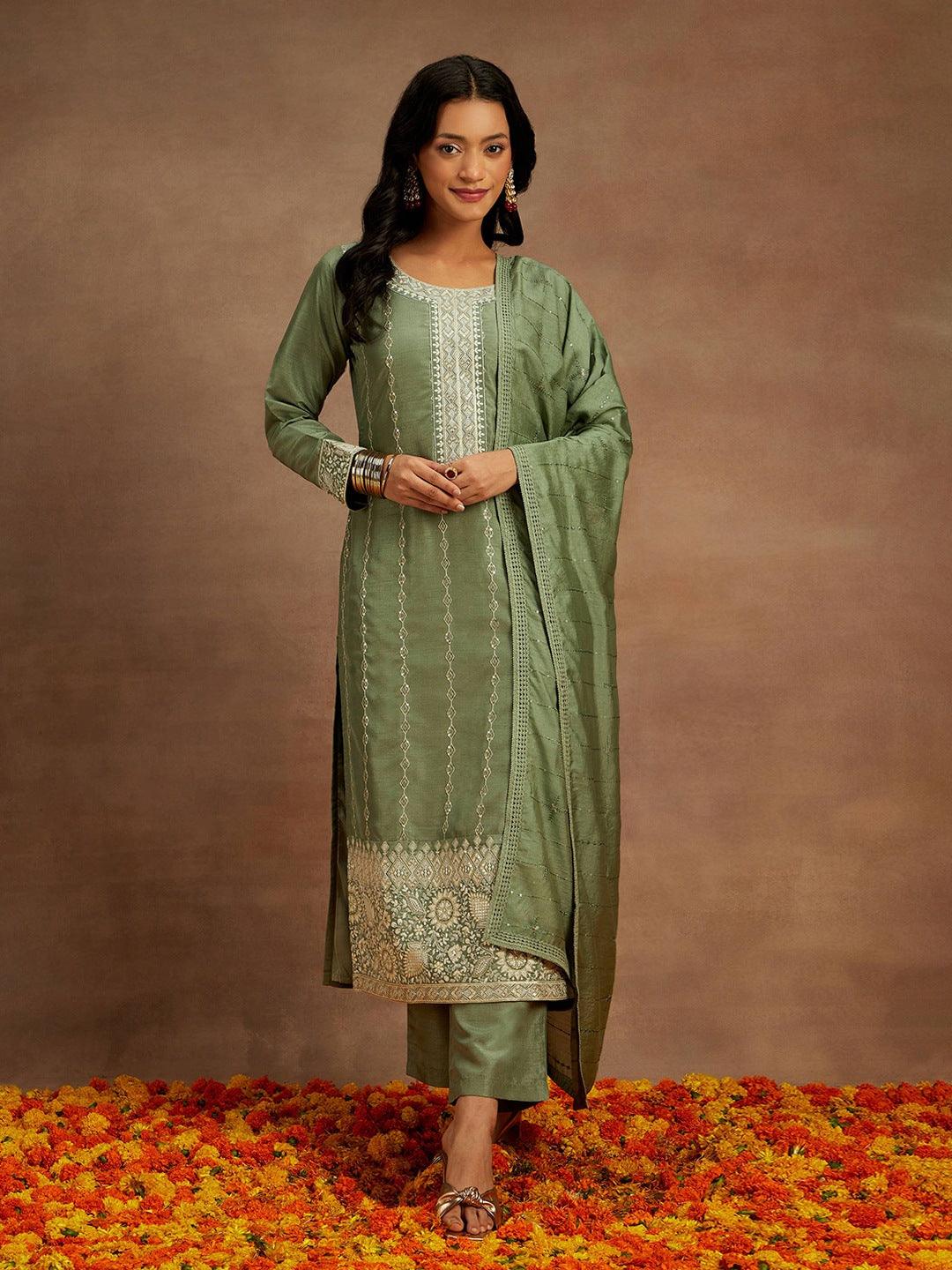 Sage Green Embroidered Silk Straight Kurta With Trousers & Dupatta - ShopLibas 