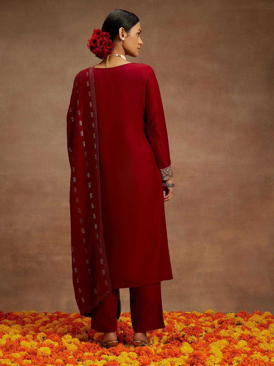 Maroon Embroidered Silk Straight Kurta With Trousers & Dupatta - ShopLibas