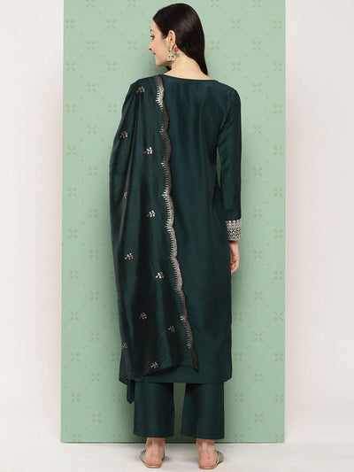 Green Printed Silk Straight Kurta With Trousers & Dupatta - ShopLibas