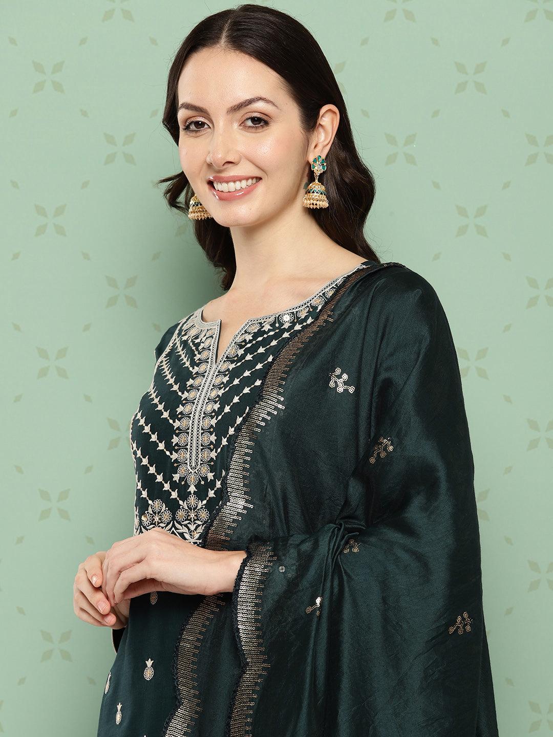 Green Printed Silk Straight Kurta With Trousers & Dupatta - ShopLibas 