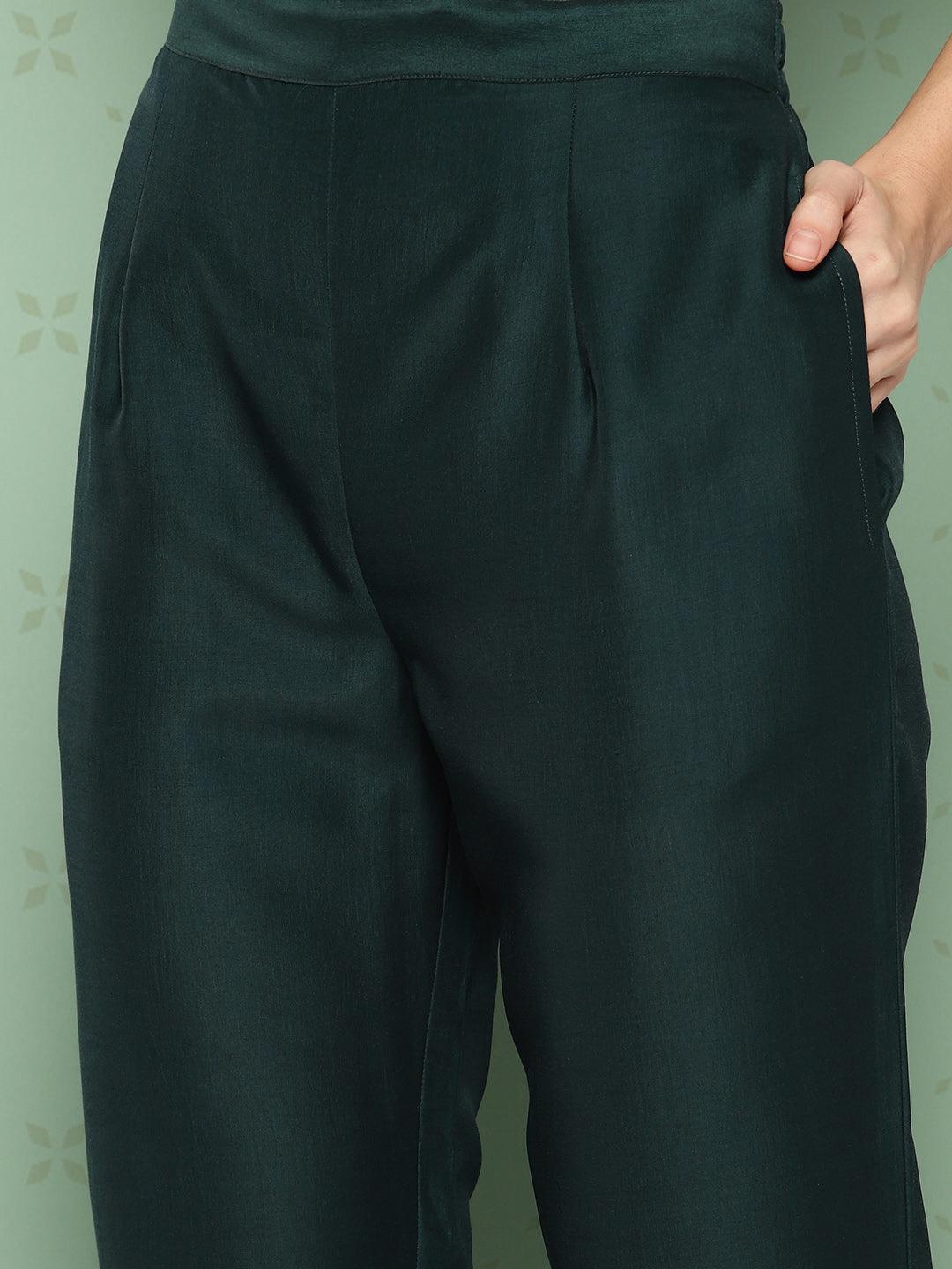 Green Printed Silk Straight Kurta With Trousers & Dupatta - ShopLibas 