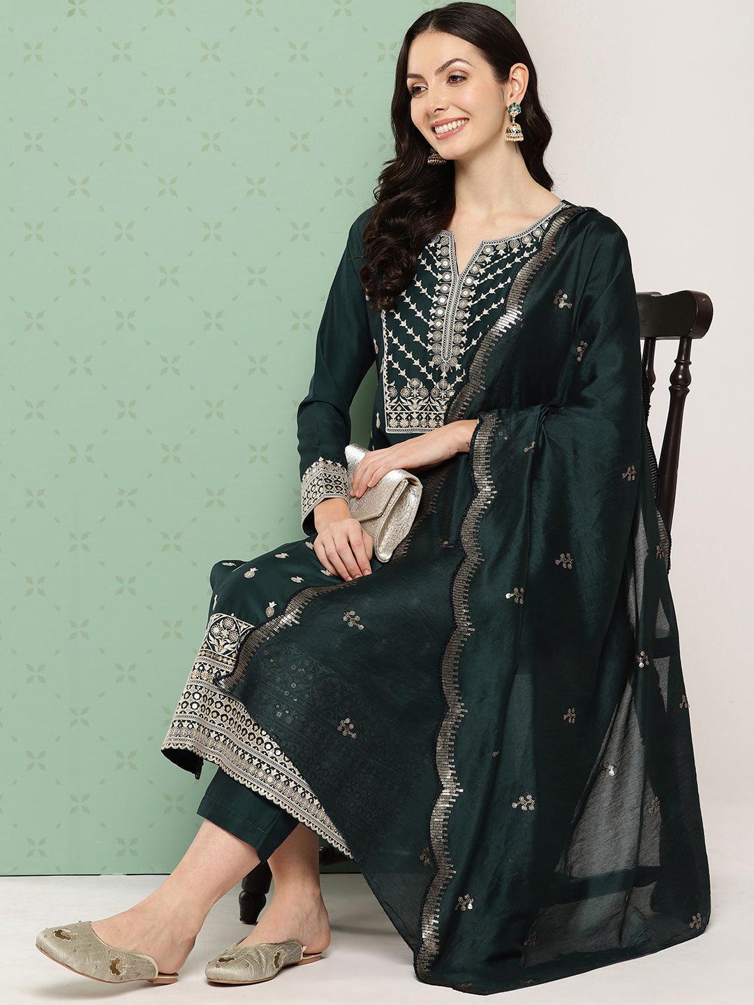 Green Printed Silk Straight Kurta With Trousers & Dupatta - ShopLibas