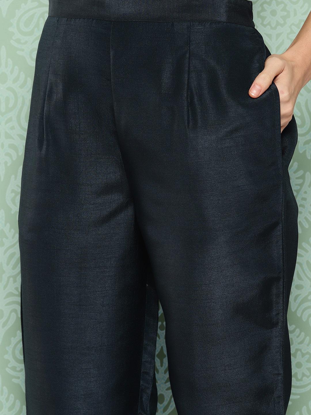 Navy Blue Printed Silk Straight Kurta With Trousers & Dupatta - ShopLibas