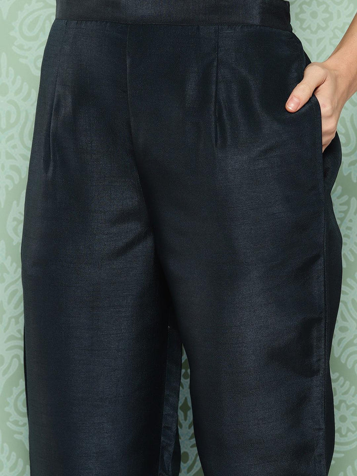 Navy Blue Printed Silk Straight Kurta With Trousers & Dupatta - ShopLibas