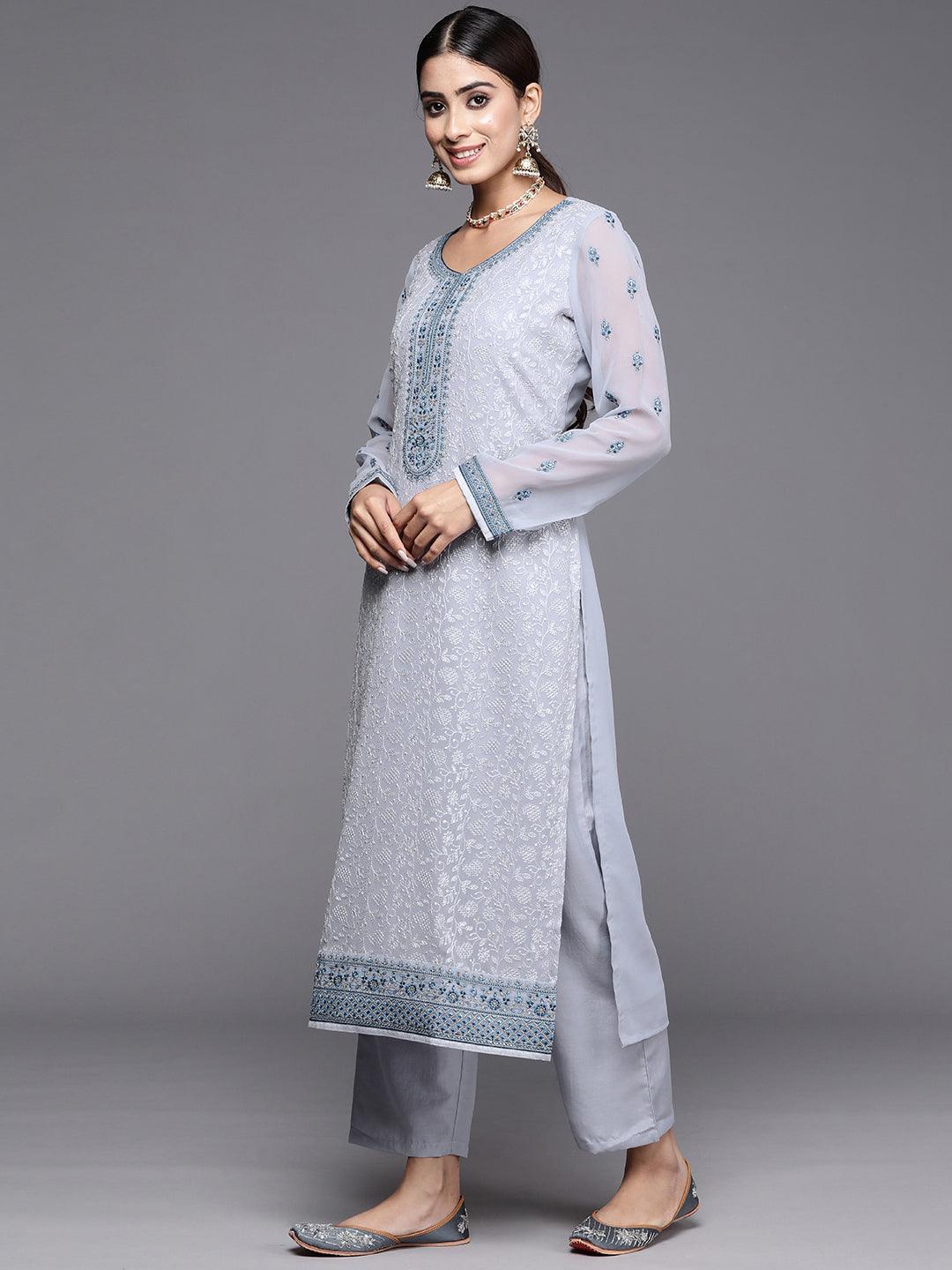 Livid Blue Embroidered Georgette Straight Kurta With Trousers & Dupatta - ShopLibas 