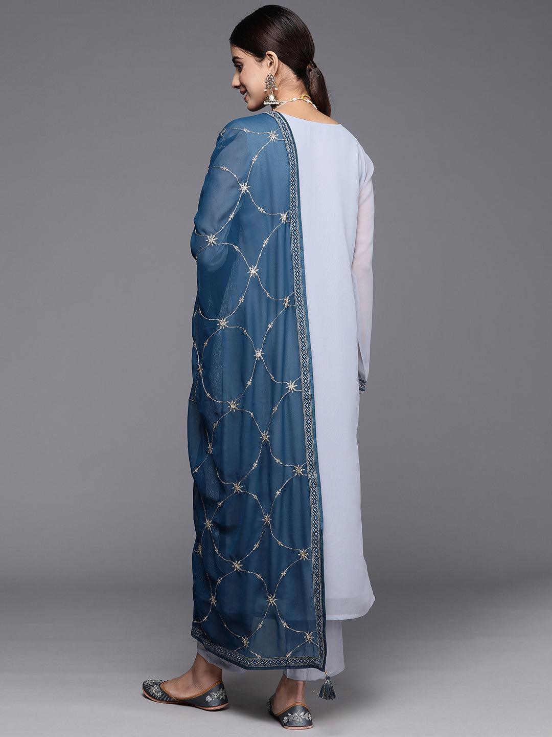 Livid Blue Embroidered Georgette Straight Kurta With Trousers & Dupatta - ShopLibas 