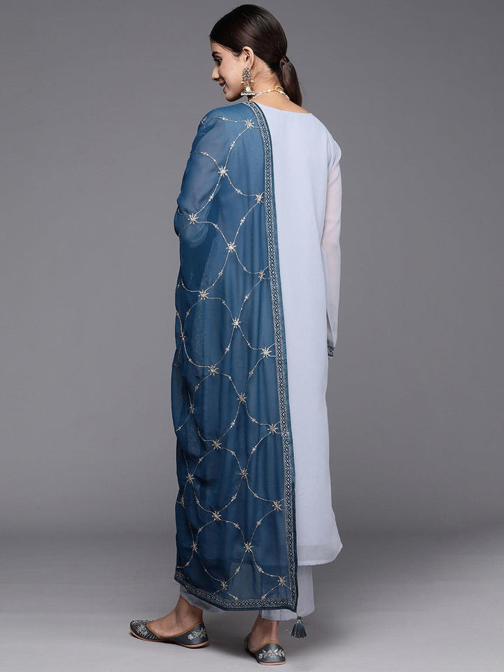 Blue Embroidered Georgette Straight Suit With Dupatta