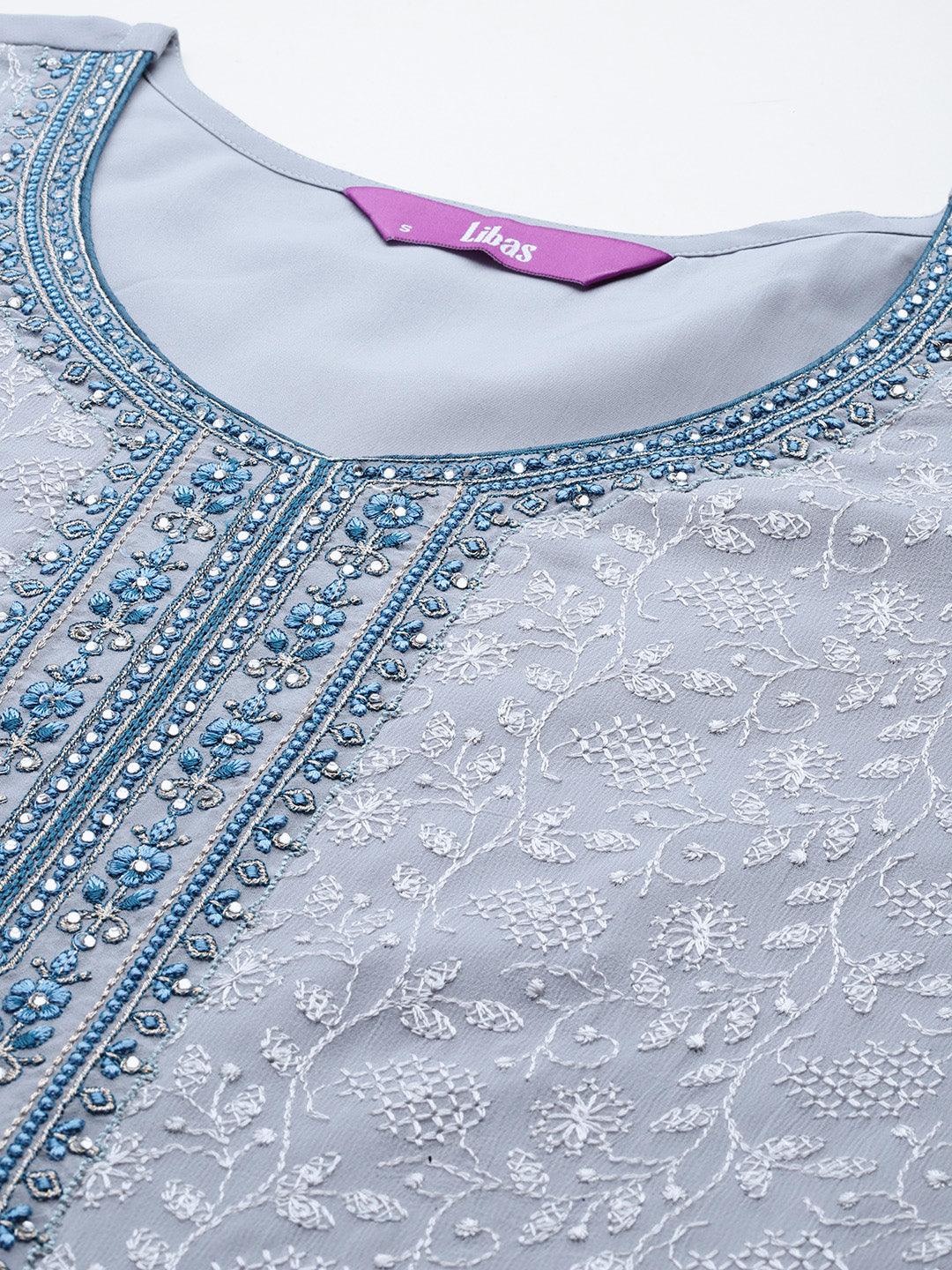 Livid Blue Embroidered Georgette Straight Kurta With Trousers & Dupatta - ShopLibas 