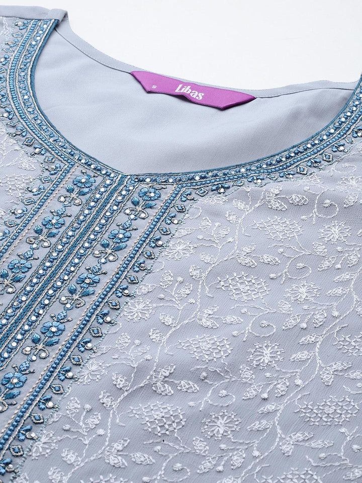 Blue Embroidered Georgette Straight Suit With Dupatta
