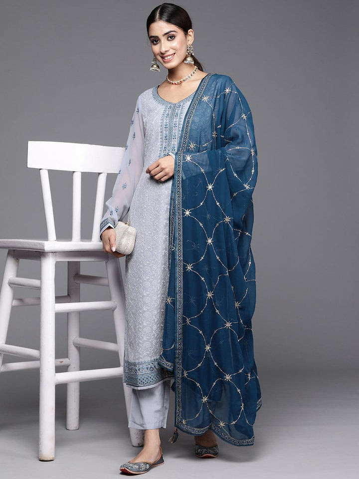 Blue Embroidered Georgette Straight Suit With Dupatta