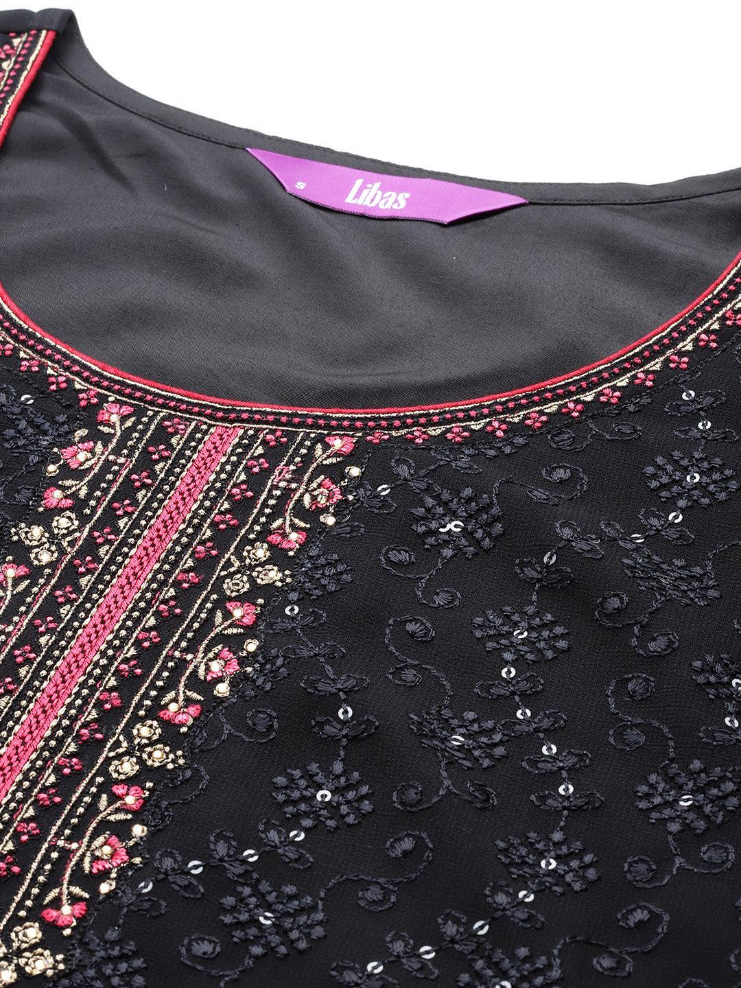 Black Embroidered Georgette Straight Kurta With Trousers & Dupatta - ShopLibas