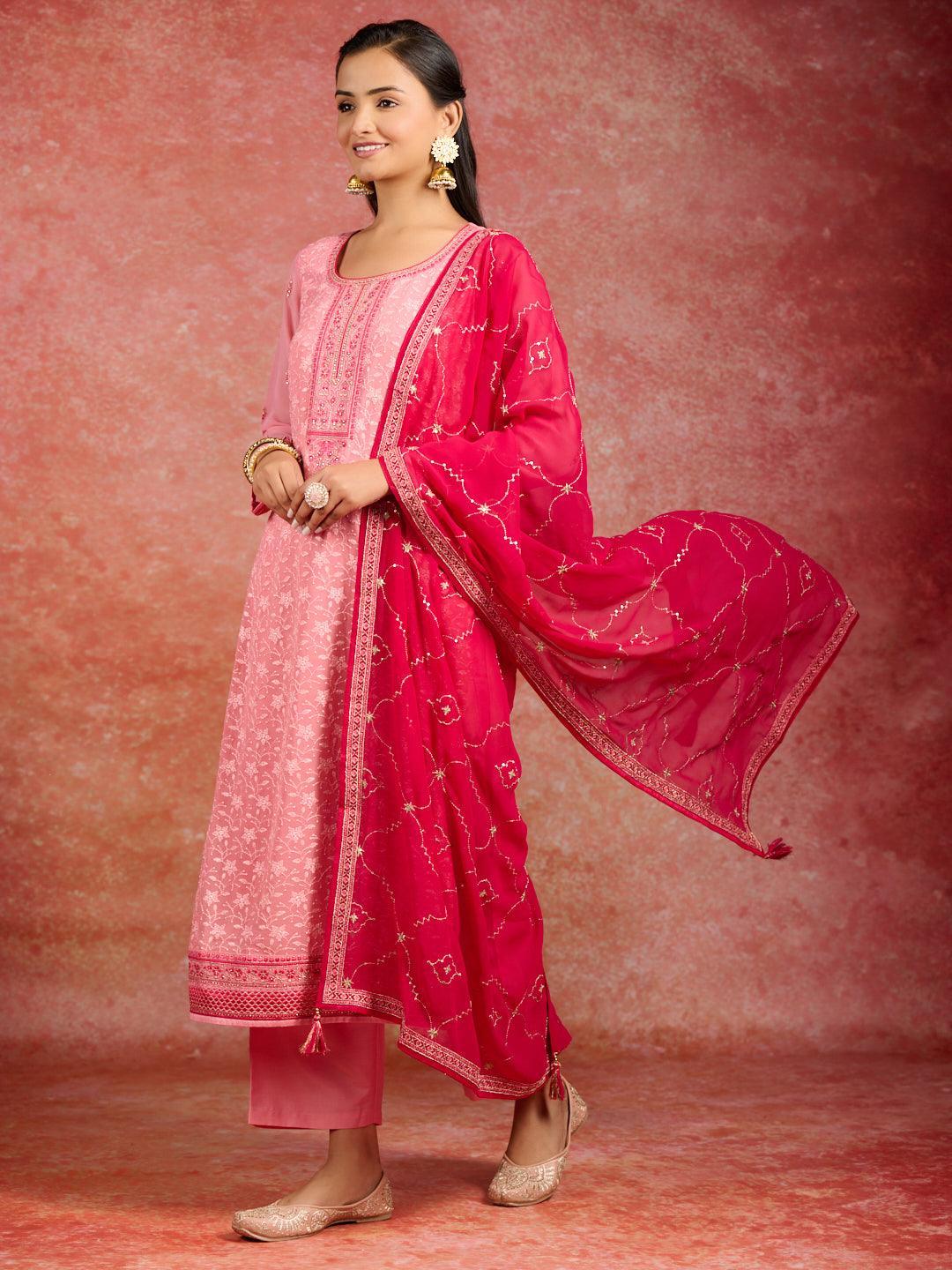 Peach Embroidered Georgette Straight Kurta With Trousers & Dupatta - ShopLibas 