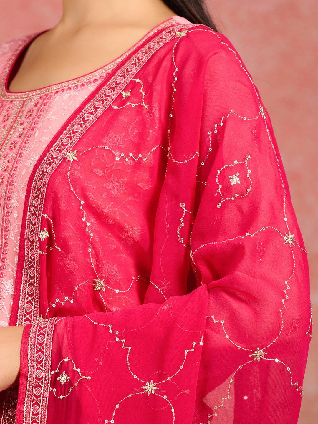 Peach Embroidered Georgette Straight Kurta With Trousers & Dupatta - ShopLibas 