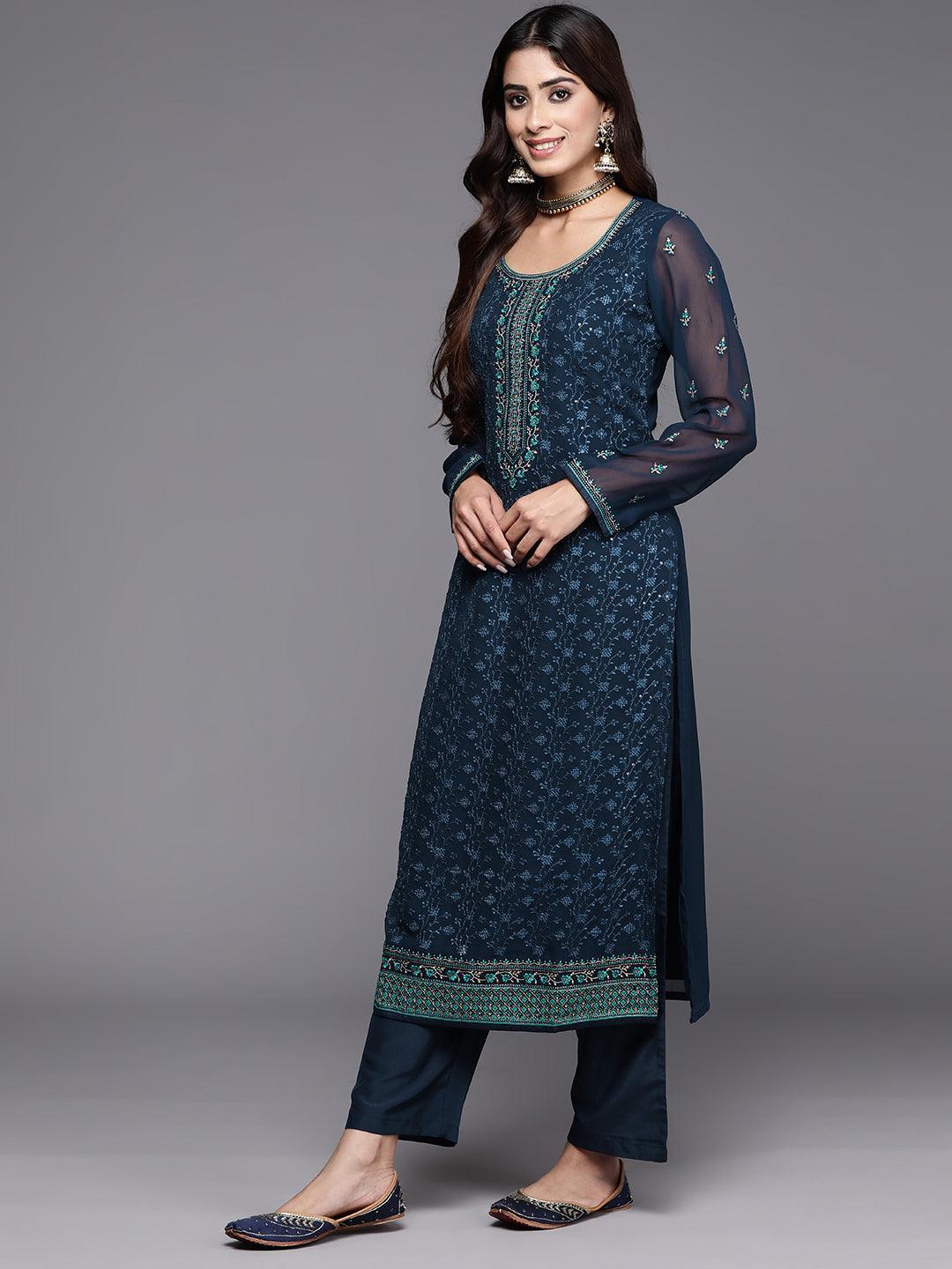 Navy Blue Embroidered Georgette Straight Kurta With Trousers & Dupatta - ShopLibas