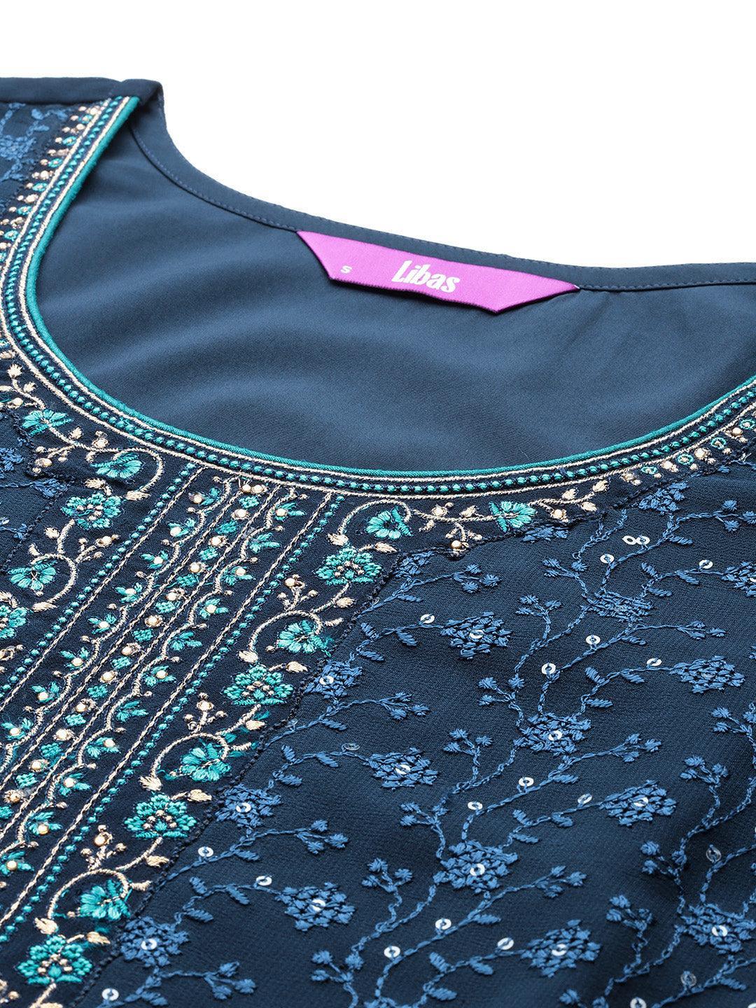 Navy Blue Embroidered Georgette Straight Kurta With Trousers & Dupatta - ShopLibas