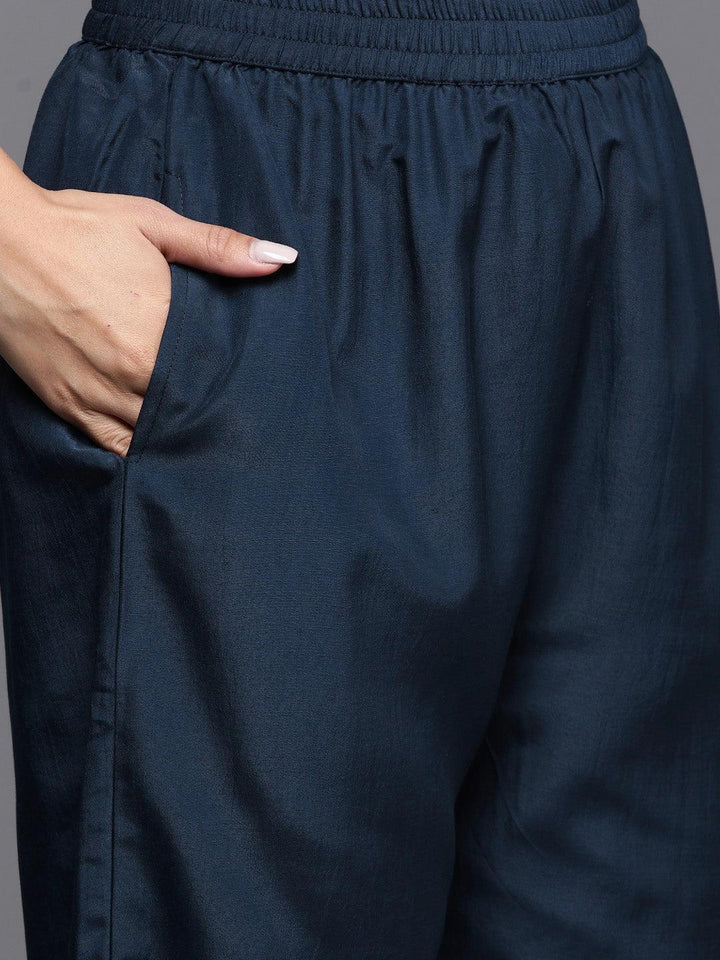 Navy Blue Embroidered Georgette Straight Kurta With Trousers & Dupatta - ShopLibas