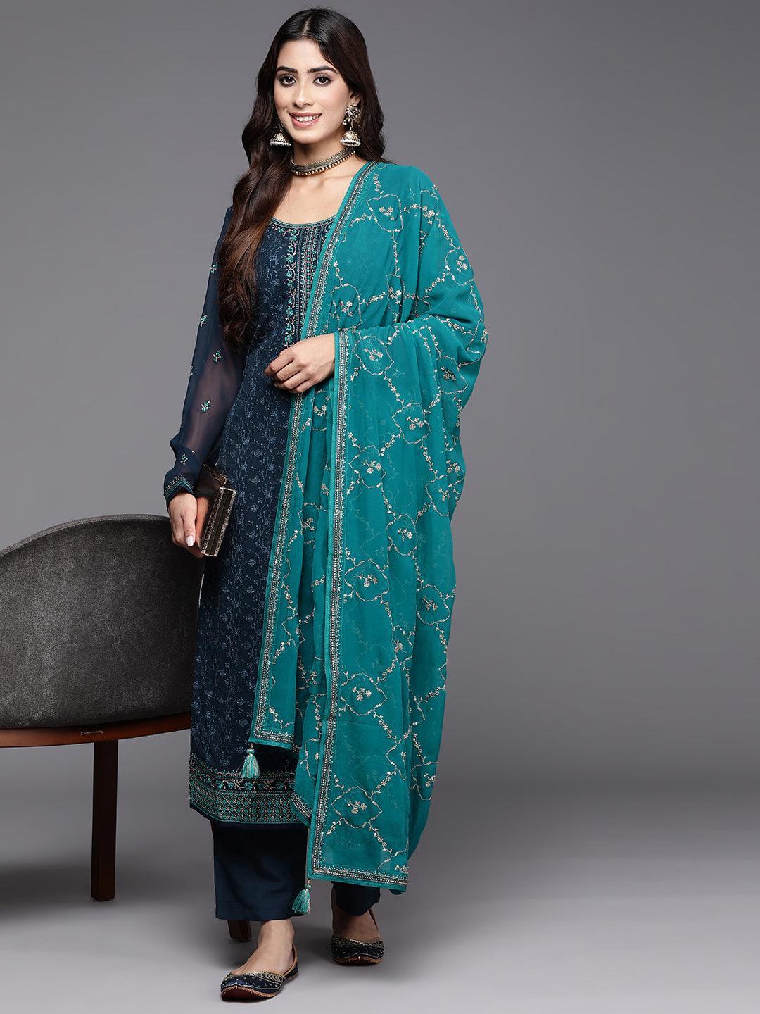 Navy Blue Embroidered Georgette Straight Kurta With Trousers & Dupatta - ShopLibas