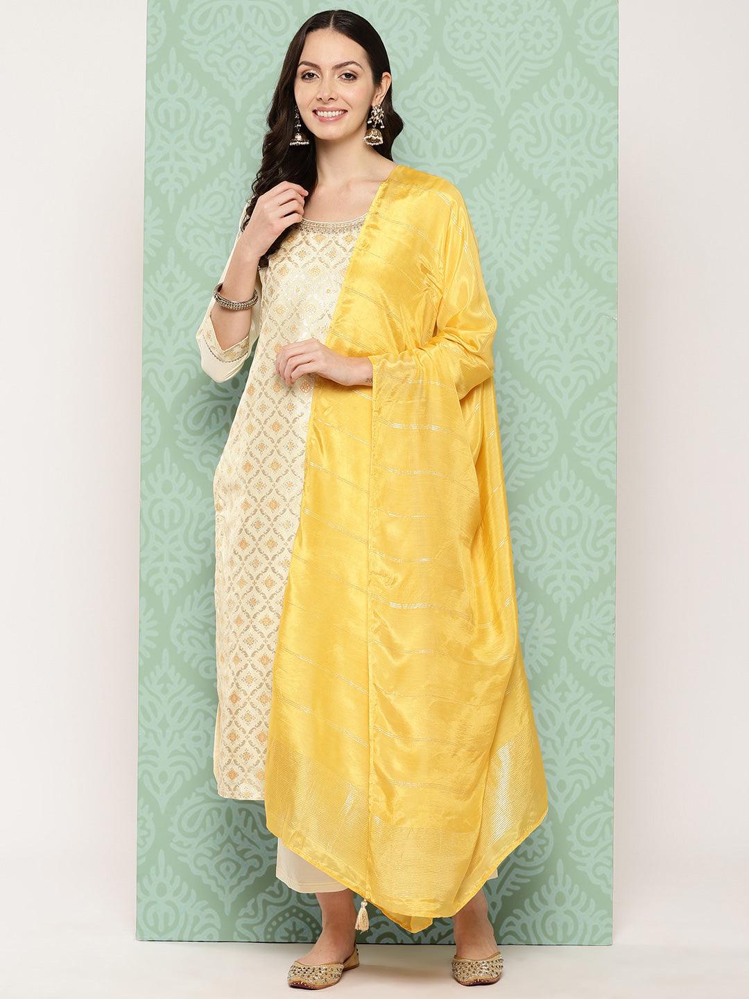 Cream Woven Design Silk Blend Straight Kurta With Trousers & Dupatta - ShopLibas
