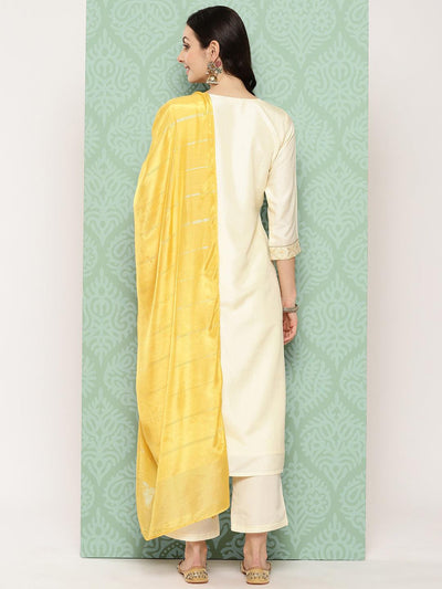 Cream Woven Design Silk Blend Straight Kurta With Trousers & Dupatta - ShopLibas