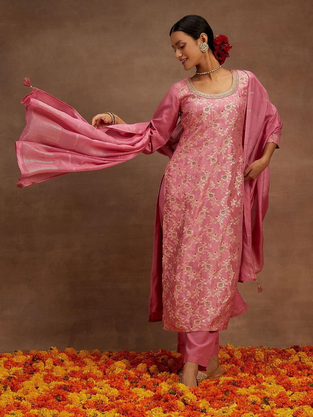 Pink Woven Design Silk Blend Straight Kurta With Trousers & Dupatta - ShopLibas