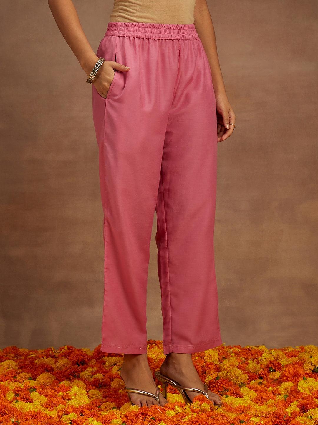 Pink Woven Design Silk Blend Straight Kurta With Trousers & Dupatta - ShopLibas