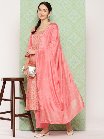 Peach Woven Design Silk Blend Straight Kurta With Trousers & Dupatta - ShopLibas