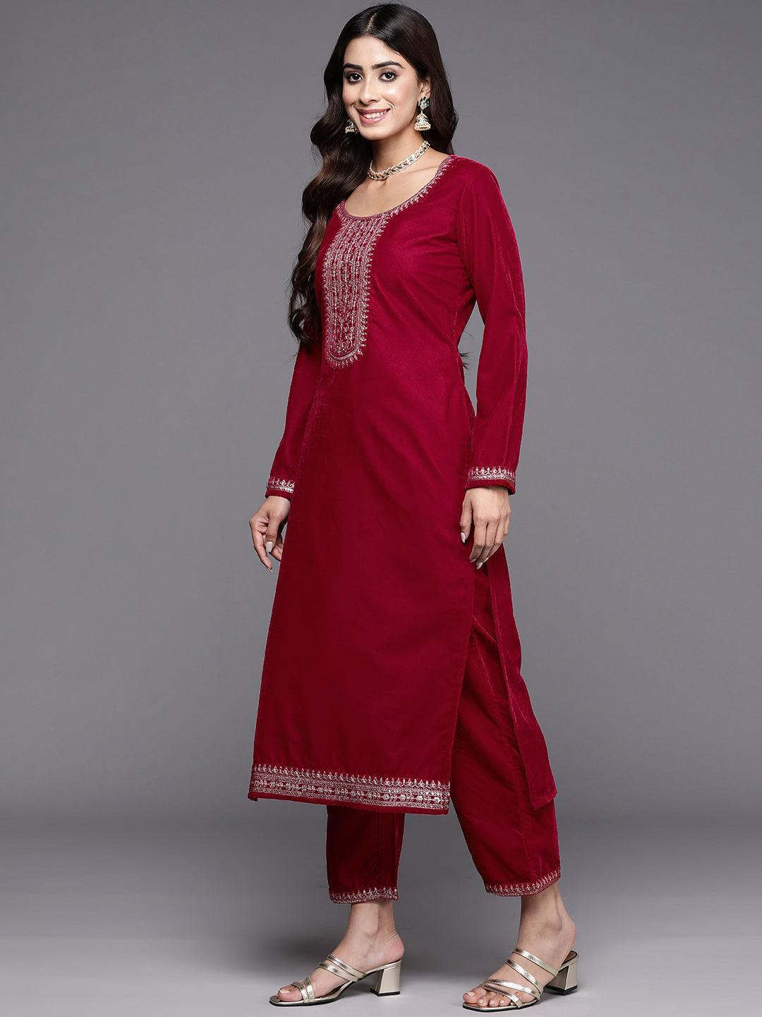 Hot Pink Yoke Design Velvet Straight Kurta With Trousers & Dupatta - ShopLibas 