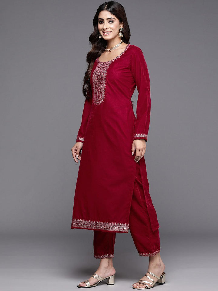 Pink Yoke Design Velvet Straight Suit With Dupatta