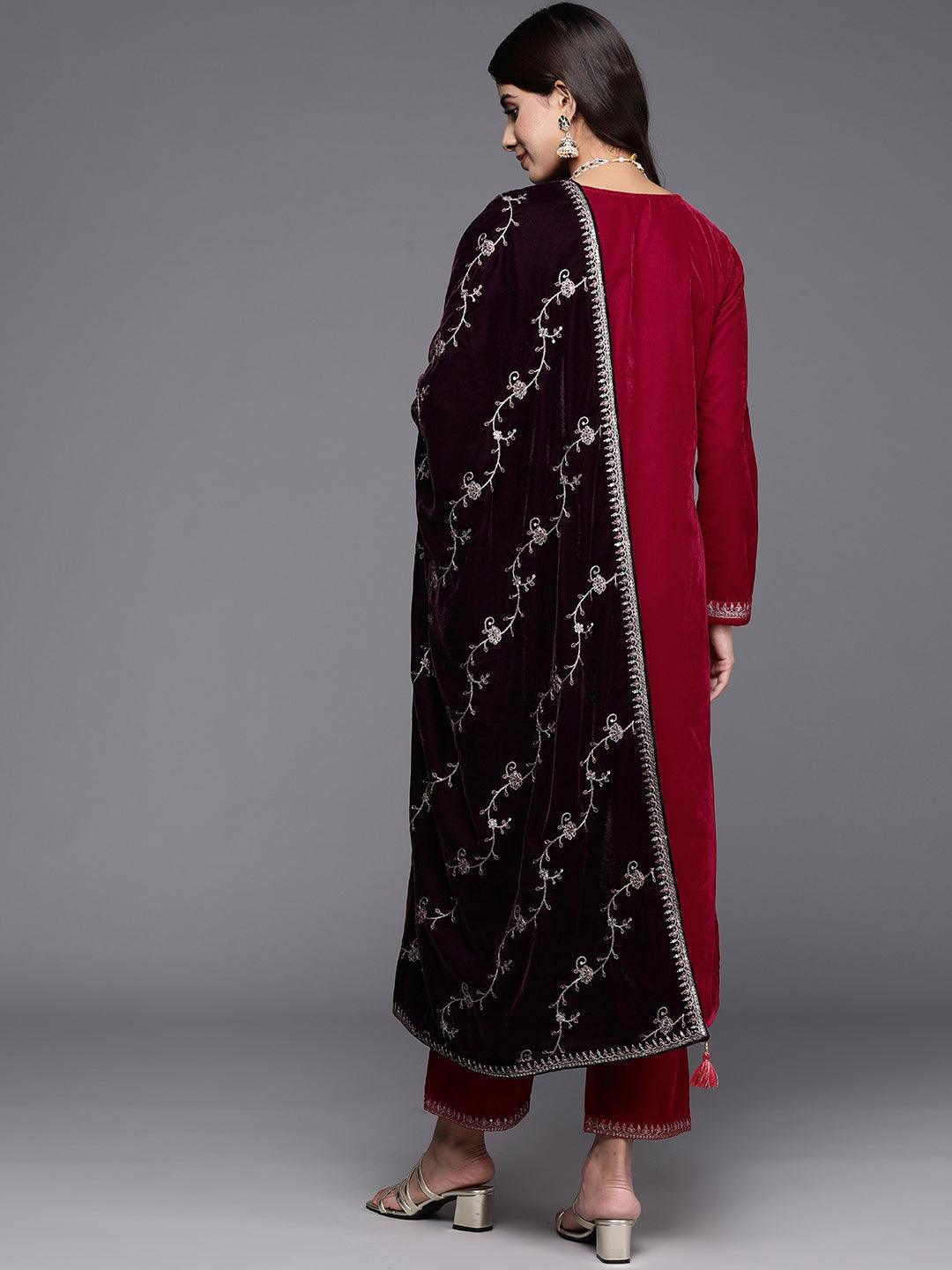 Hot Pink Yoke Design Velvet Straight Kurta With Trousers & Dupatta - ShopLibas 