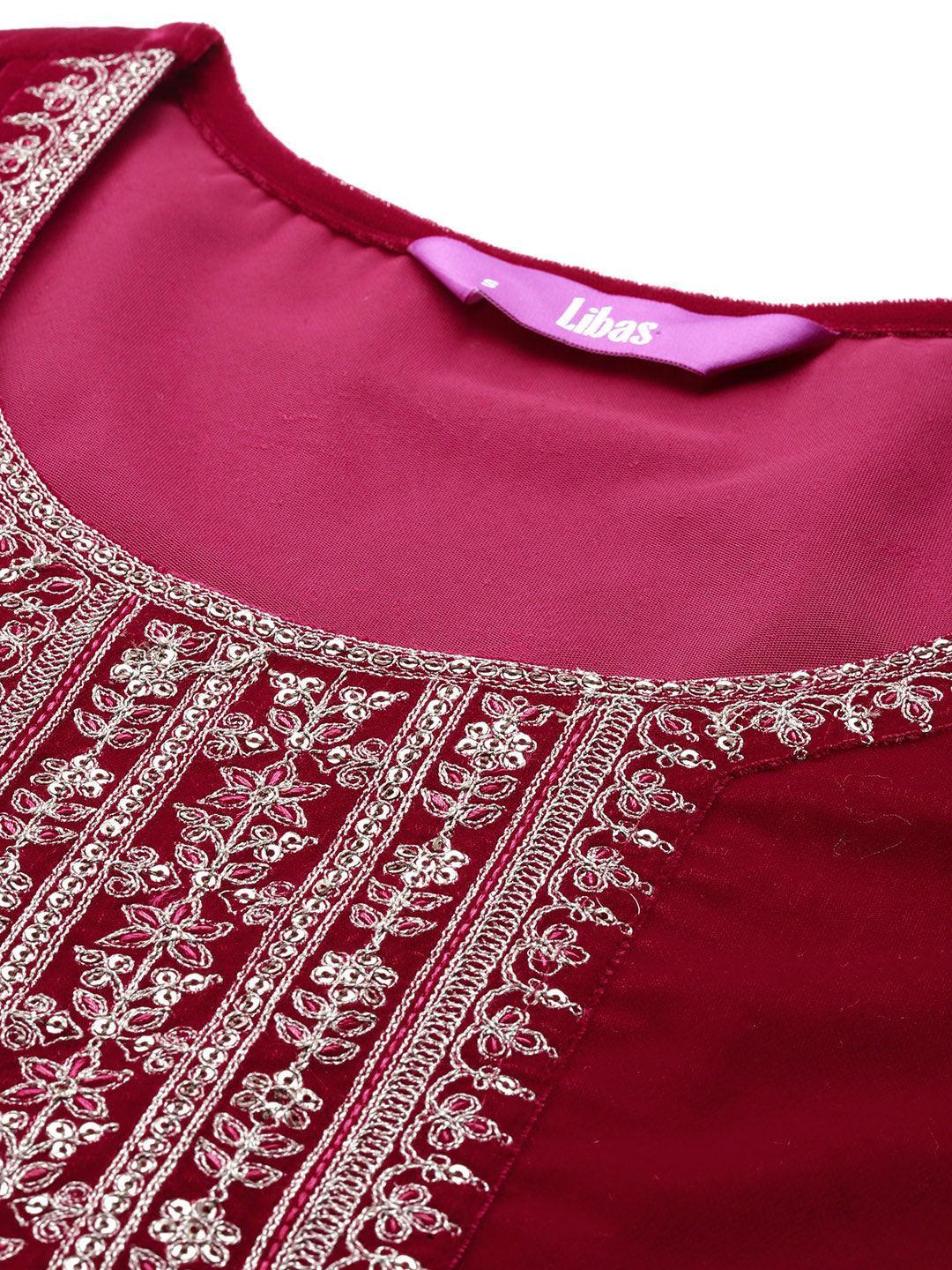Hot Pink Yoke Design Velvet Straight Kurta With Trousers & Dupatta - ShopLibas 