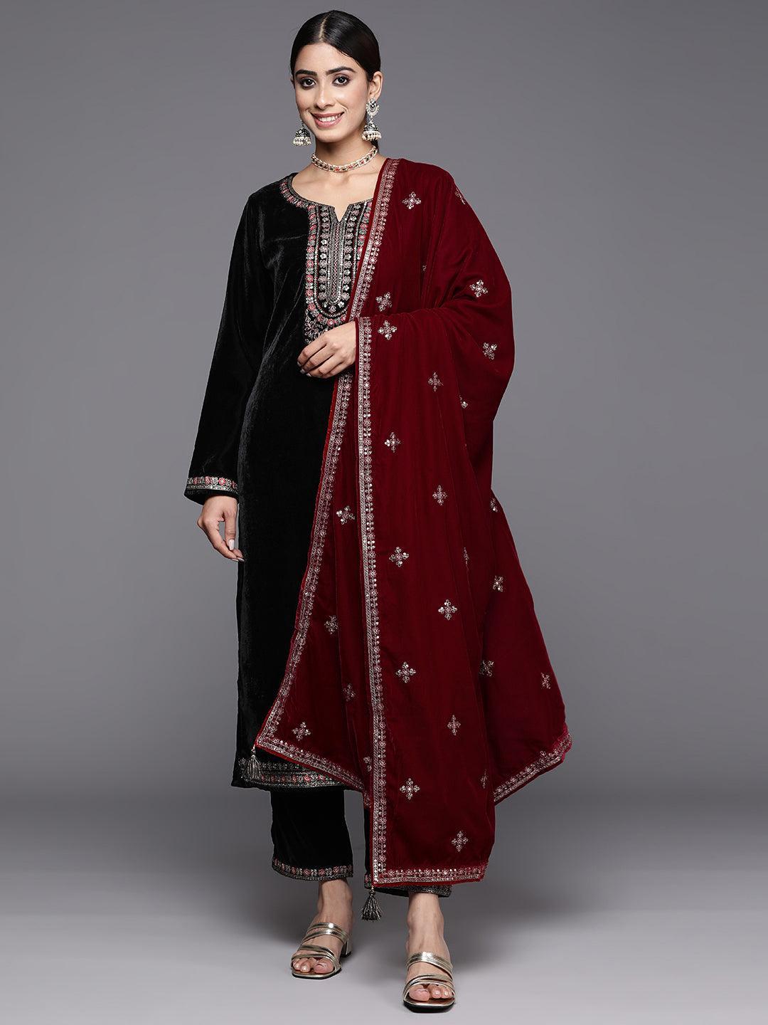 Black Yoke Design Velvet Straight Kurta With Trousers & Dupatta - ShopLibas 