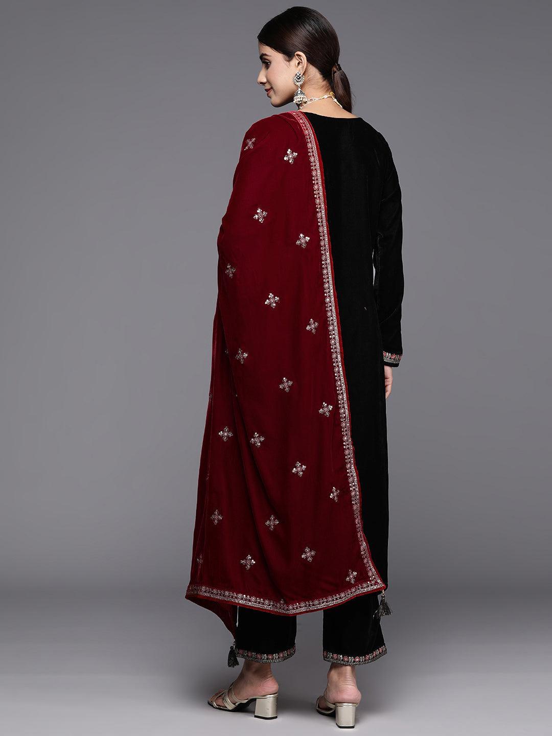 Black Yoke Design Velvet Straight Kurta With Trousers & Dupatta - ShopLibas 