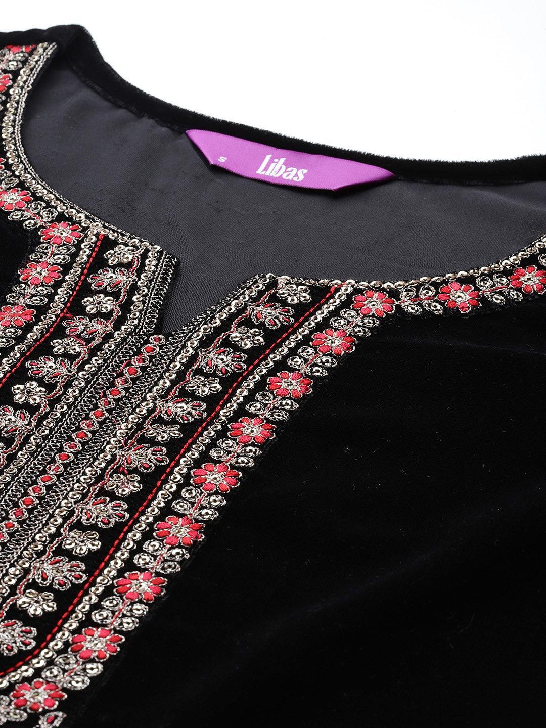 Black Yoke Design Velvet Straight Kurta With Trousers & Dupatta - ShopLibas 