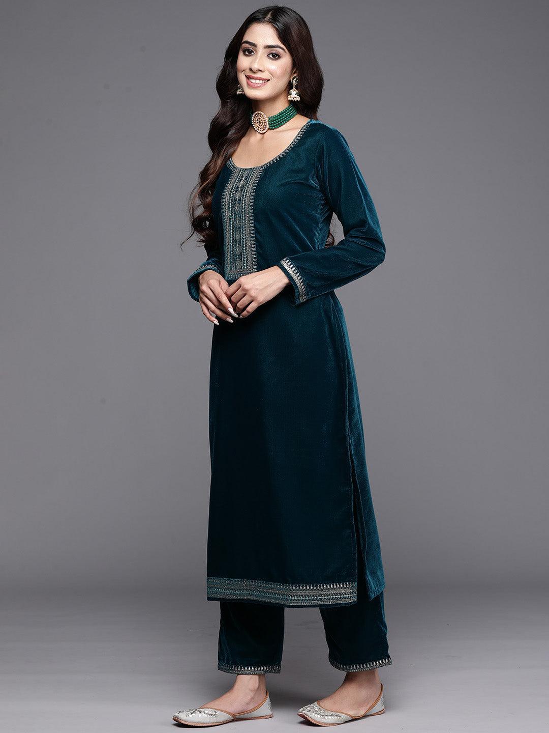 Teal Green Yoke Design Velvet Straight Kurta With Trousers & Dupatta - ShopLibas 